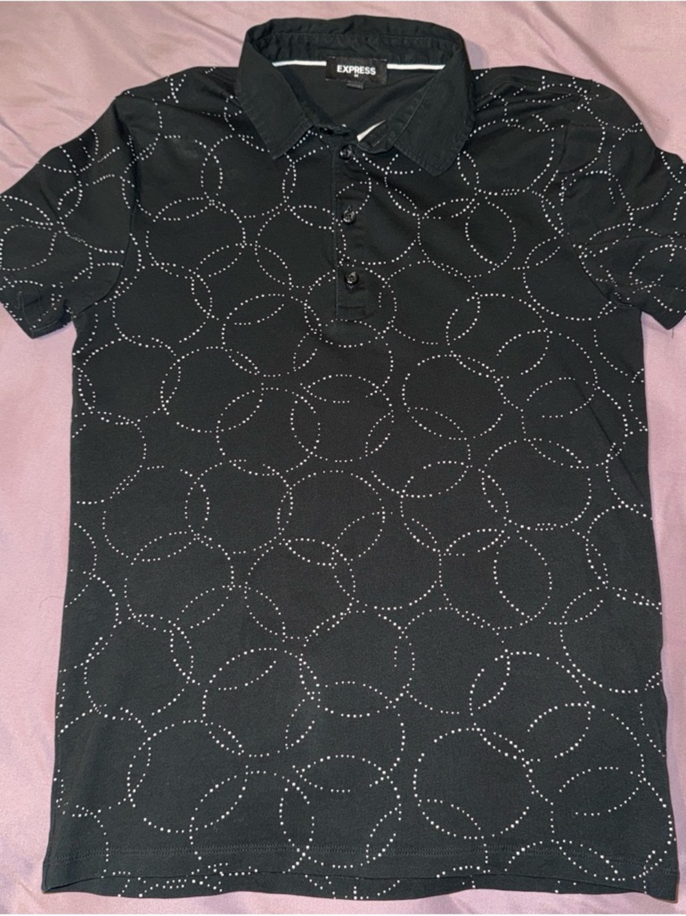 Express Black Polo with White Dotted Circle Pattern
